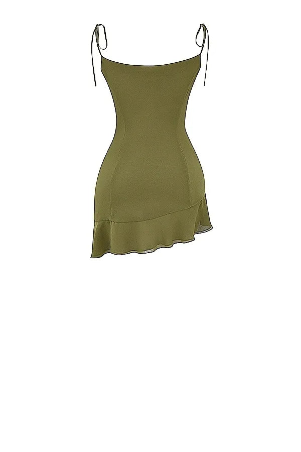 French Vintage Flounce Strap Dress with Irregular Bottom Hem Ribbon