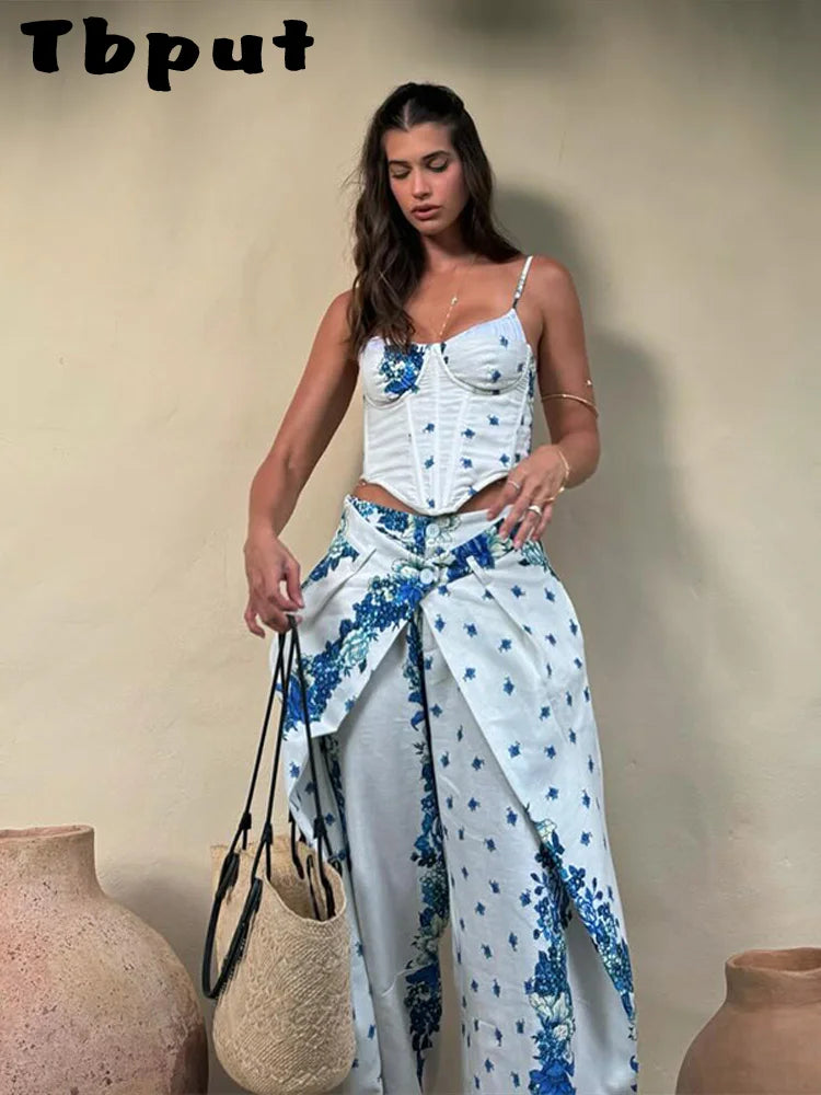 Playful Printed Vest And Trouser Set For Women Two Piece With Sleeveless Slip Top