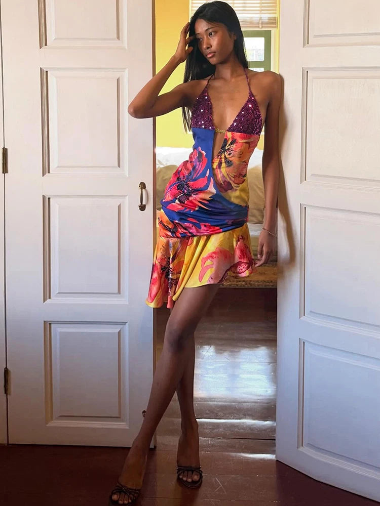 Vibrant Patchwork Sequin Halter Dress With Colorful Flower Print And Irregular Hem