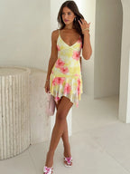 Fashion Floral Print V Neck Backless Sexy Ruffles Irregular Mini Dress