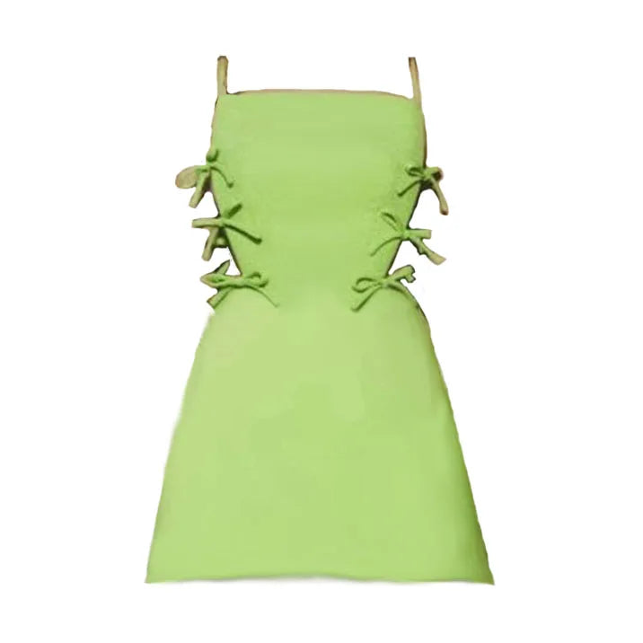Emerald Green Satin Spaghetti Strap Party Dress With Hollow Out Panels And Bow Accent Details