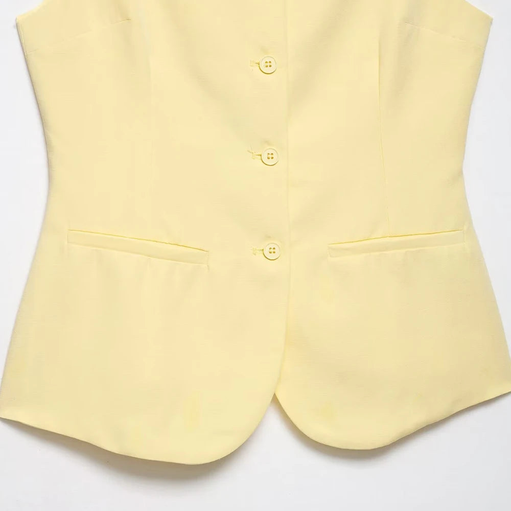 Buttoned Waistcoat Two Piece Shorts Set With Mid-Waist Pockets