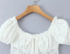 Romantic Lace Patchwork Off Shoulder Puff Sleeve Crop Top