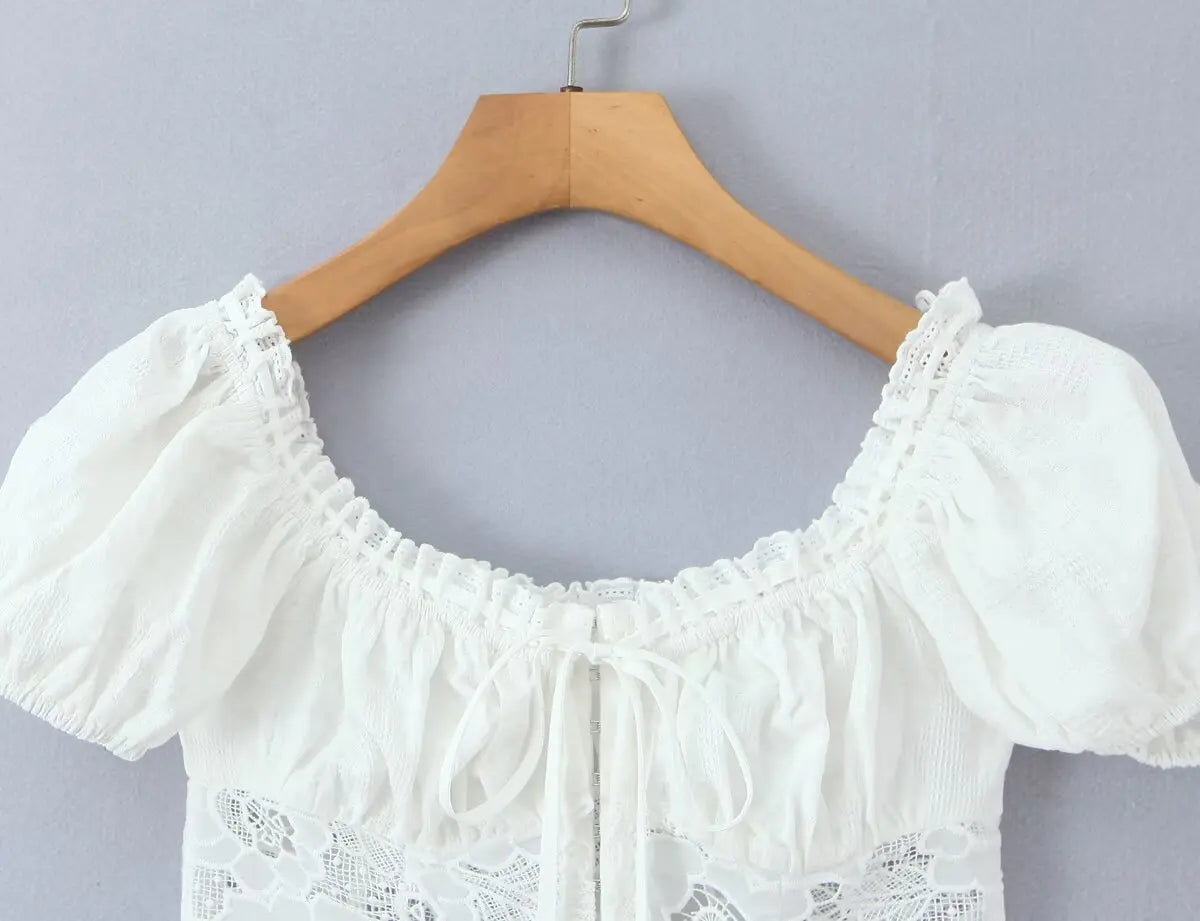 Romantic Lace Patchwork Off Shoulder Puff Sleeve Crop Top