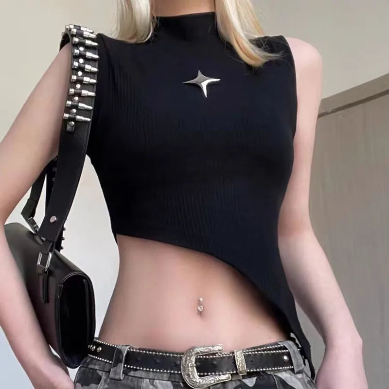 Crop Knit Vest With High Neck And Asymmetrical Hem