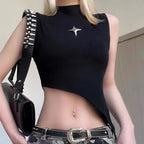 Crop Knit Vest With High Neck And Asymmetrical Hem