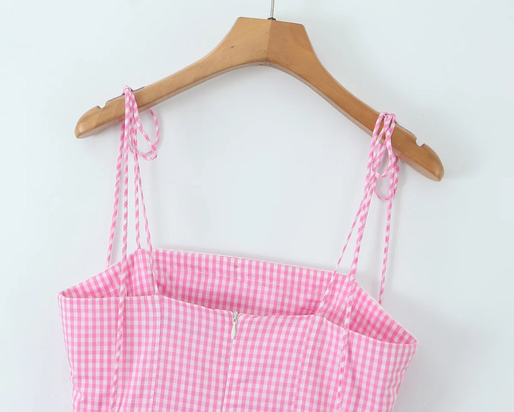 Pink Plaid Bow Sling With Lacing Up Detail For Women Slim Waist Ruched Skater Mini Dress