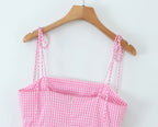 Pink Plaid Bow Sling With Lacing Up Detail For Women Slim Waist Ruched Skater Mini Dress