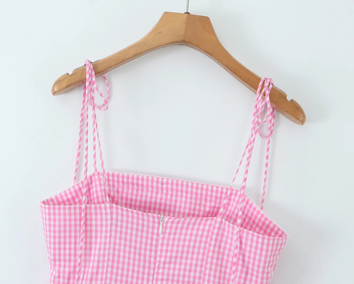 Pink Plaid Bow Sling With Lacing Up Detail For Women Slim Waist Ruched Skater Mini Dress