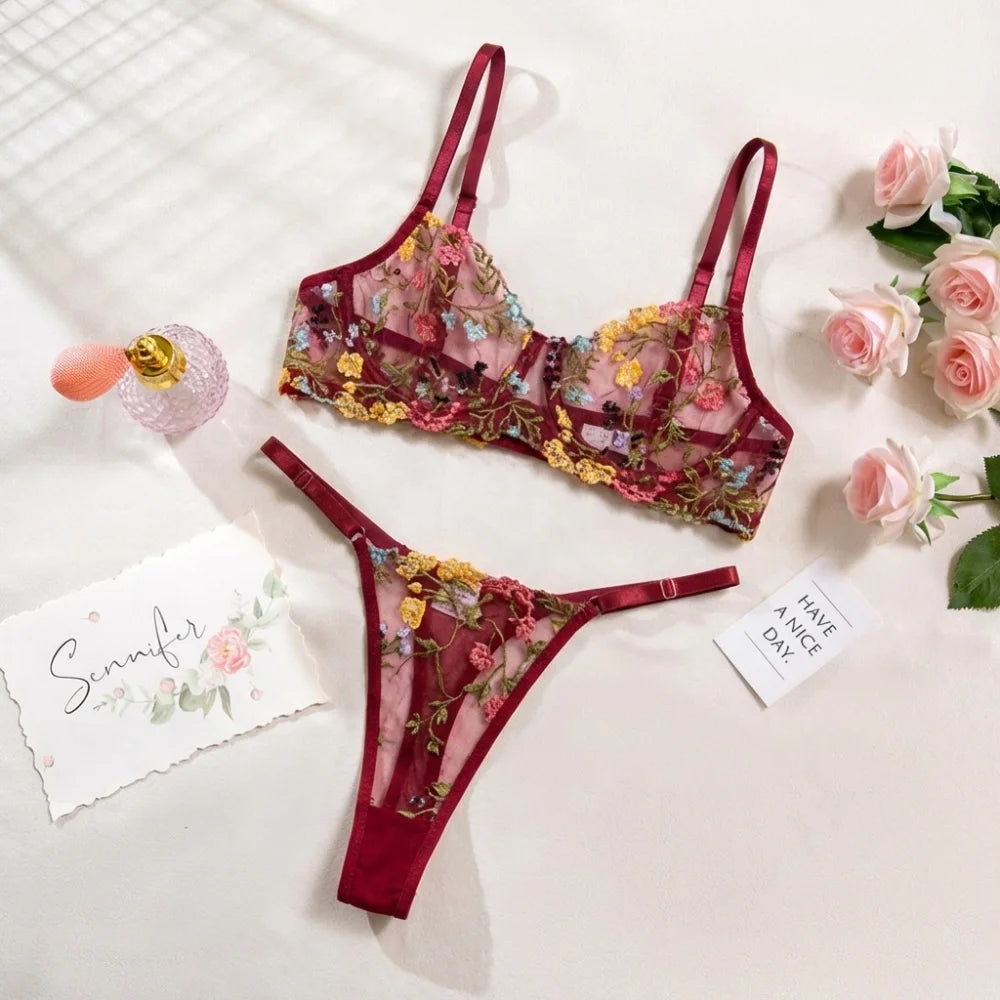 Floral Sheer Embroidery Lingerie Set With Underwire Push Up Bra And Panty Two Piece