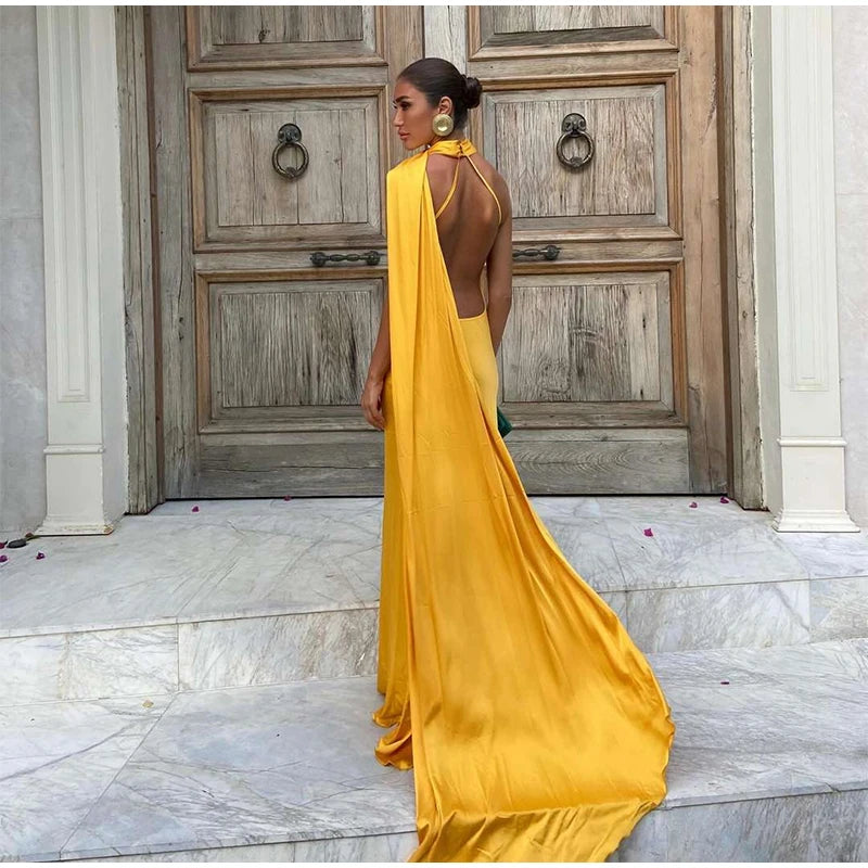Sexy Satin Ribbon Backless Halter Dress For Elegant Evening Gown