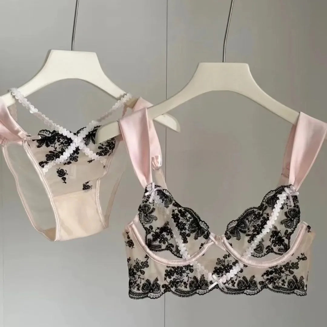 Sexy Lace Push Up Bra And Panty Set Featuring Semi Sheer Floral Design With Ring Embellishment