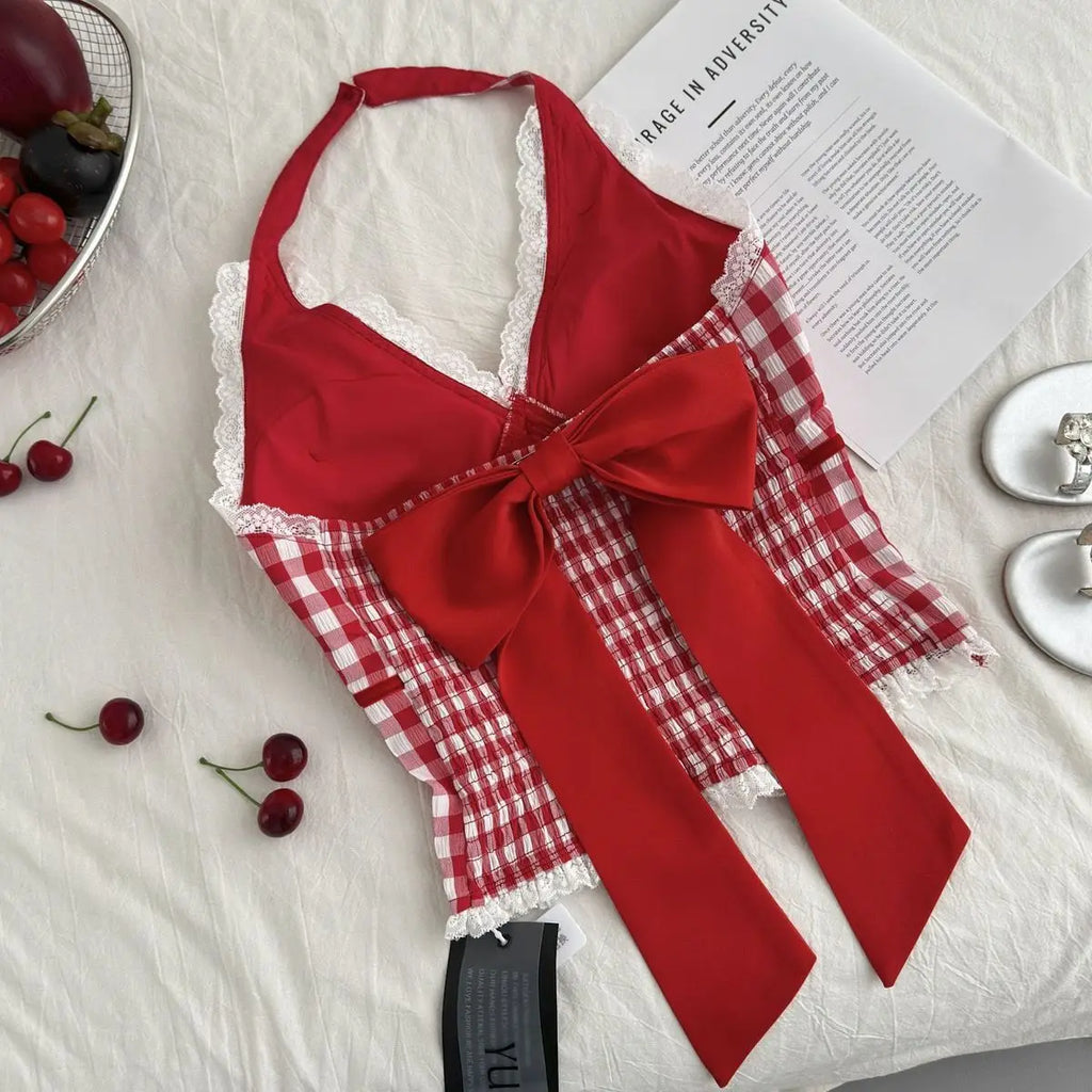 Halter Neck Bow Plaid Crop Top With Shirred Back For Women Cute Fashion Blouse