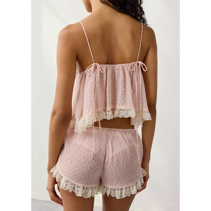 Two Piece Sheer Pajamas Set Ruffle Lace Trim Tie-Up Split Front Sleeveless Cami Tops and Shorts