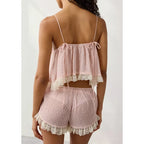 Two Piece Sheer Pajamas Set Ruffle Lace Trim Tie-Up Split Front Sleeveless Cami Tops and Shorts