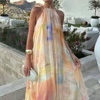 Bohemian Patterned Maxi Dress With Backless Halter Sleeveless