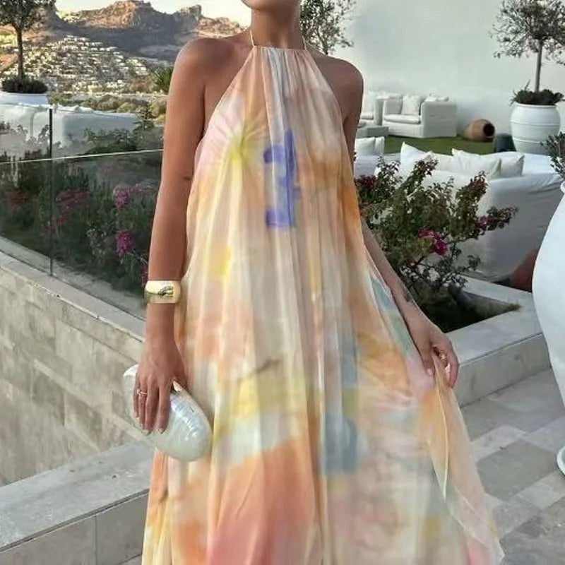 Bohemian Patterned Maxi Dress With Backless Halter Sleeveless