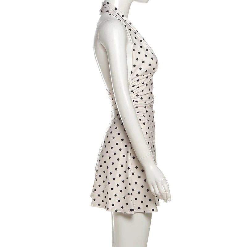 Polka Dot Halter Mini Dress With Ruched Backless Detail
