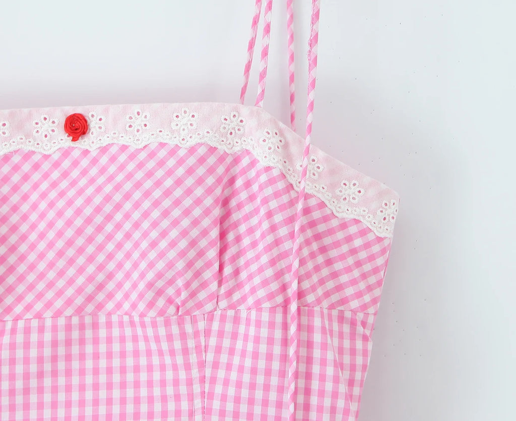 Pink Plaid Bow Sling With Lacing Up Detail For Women Slim Waist Ruched Skater Mini Dress