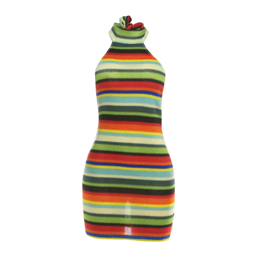 Stripe Patchwork Bodycon Mini Dress Halter Backless Off Shoulder
