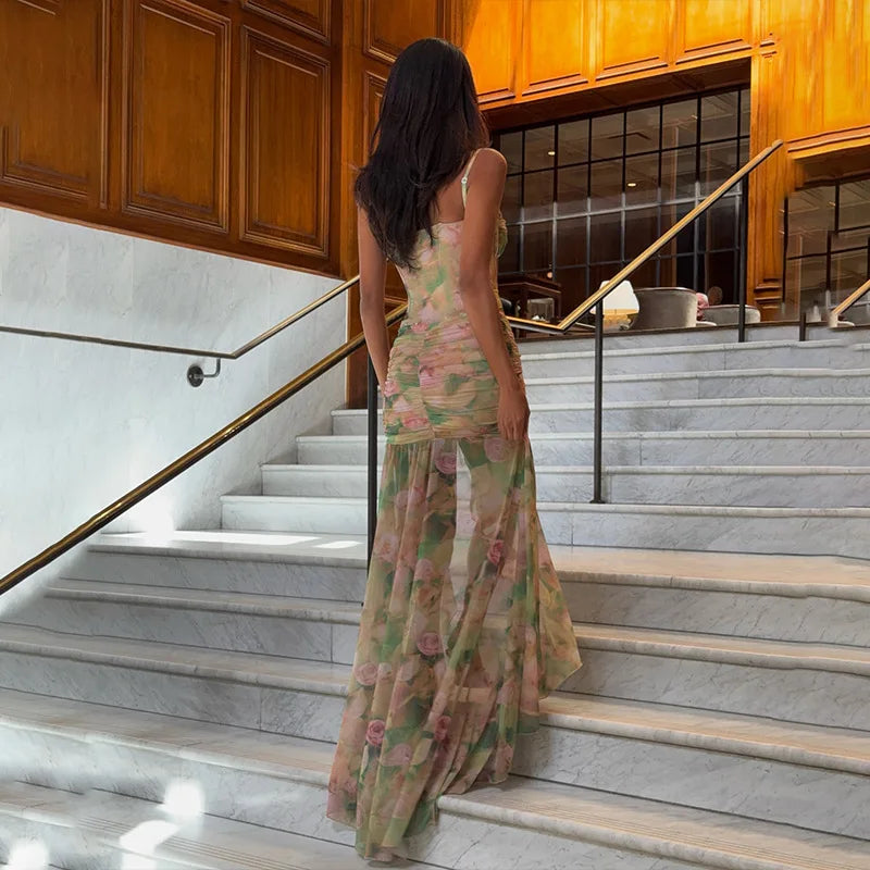 Elegant Floral Spaghetti Strap Maxi Dress With Backless High Split Ruched Silhouette