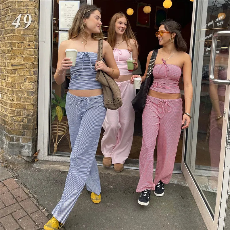 Striped Crop Bandeau two piece Set With Drawstring Wide Leg Pants For A Y2K Streetwear Look