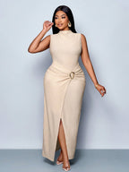 Plus Size High Neck Sleeveless Split Twist Textured Floor Length Knit Dress