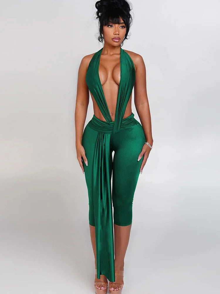 Midnight Patchwork Halter Romper Backless Slim Fit