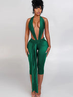 Midnight Patchwork Halter Romper Backless Slim Fit