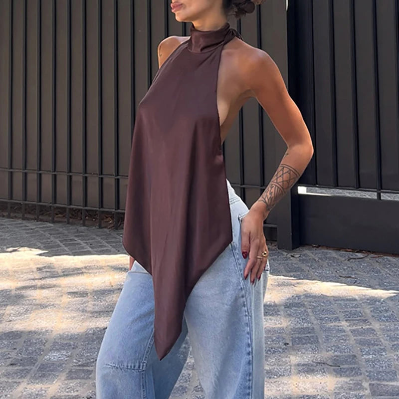 Backless Hollow Out Halter Tank Top With Pleated Detail