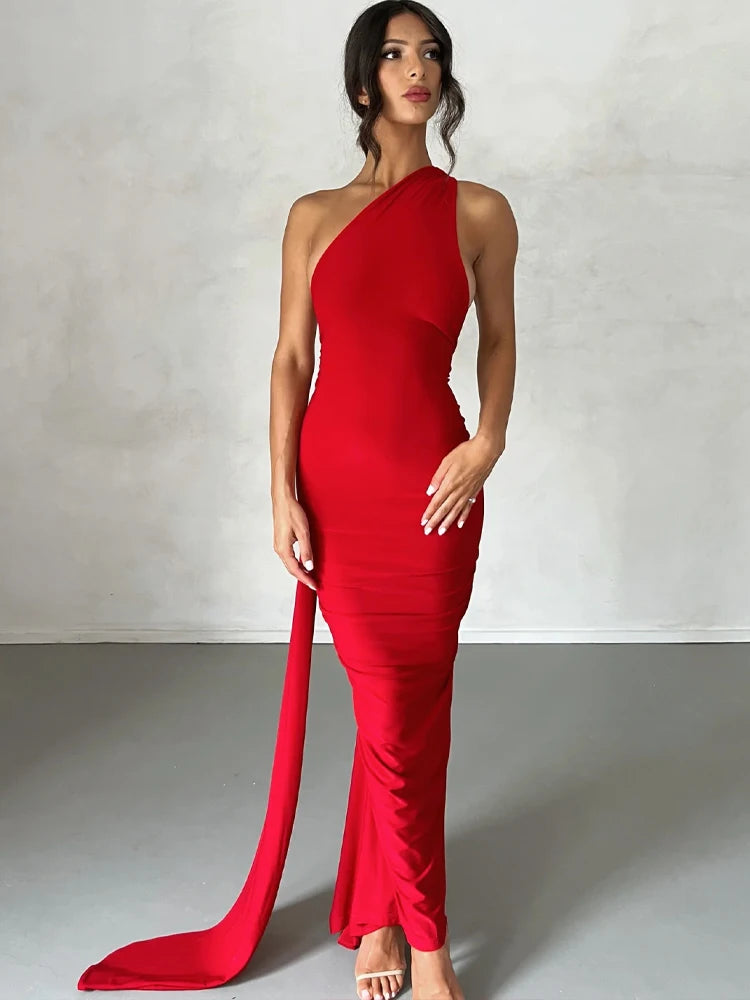 One Shoulder Backless Ruched Slim Long Dress