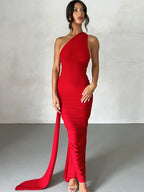 One Shoulder Backless Ruched Slim Long Dress