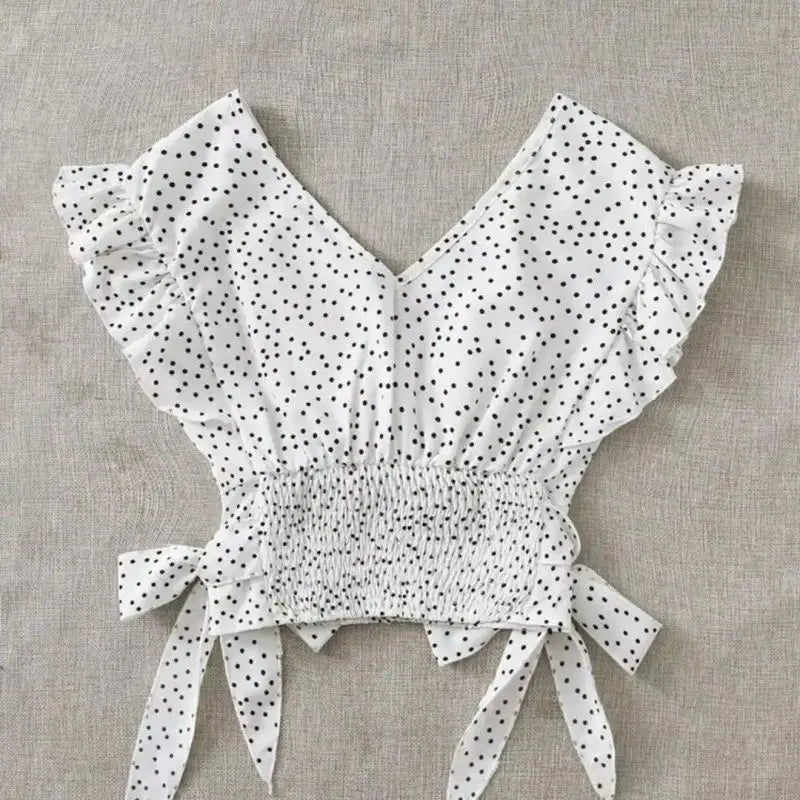 Polka Dot Chiffon Lace Up V Neck Blouse With Flowy Sleeves