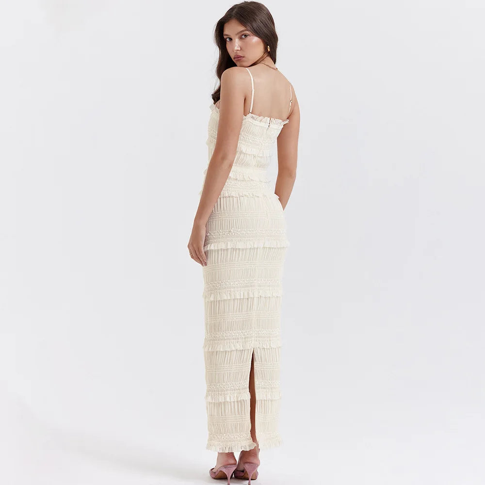 Elegant Formal Beige Slim Maxi Spaghetti Strap Wed Bride Dress
