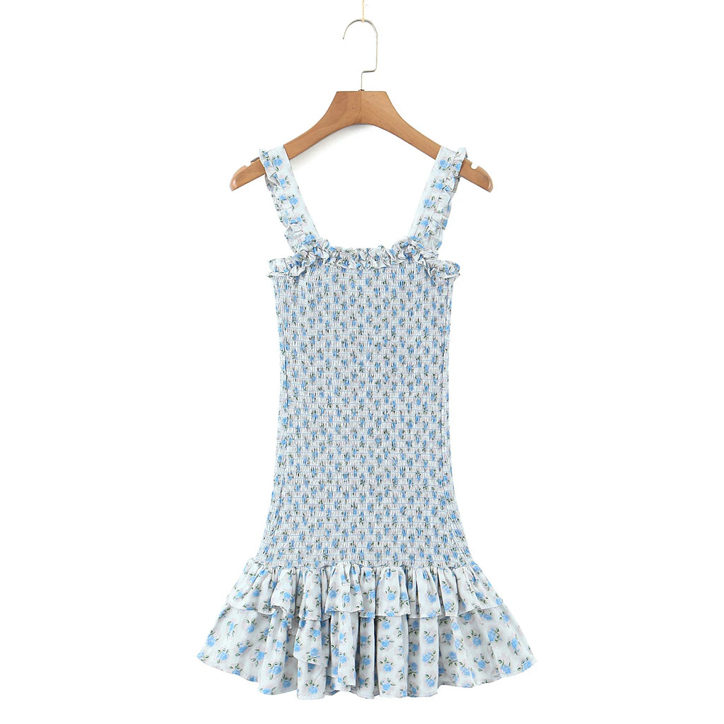 Flower Print Corset Ruched Elastic Body Sling Mini Square Collar Ruffles Hem Dress