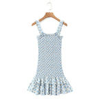 Flower Print Corset Ruched Elastic Body Sling Mini Square Collar Ruffles Hem Dress