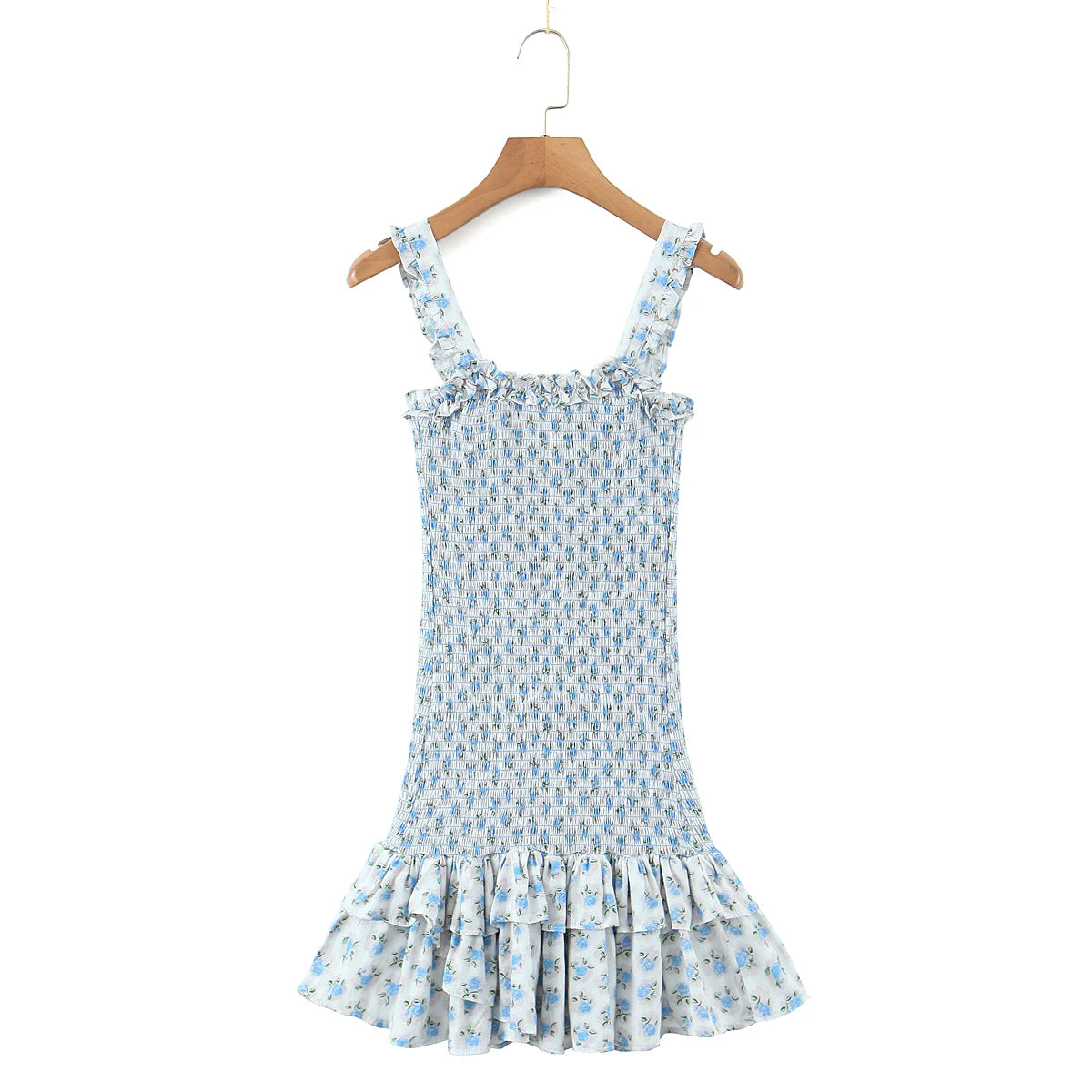 Flower Print Corset Ruched Elastic Body Sling Mini Square Collar Ruffles Hem Dress