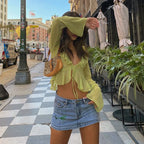 Chiffon Sheer Crop Tank Top With V Neck And Flare Sleeves