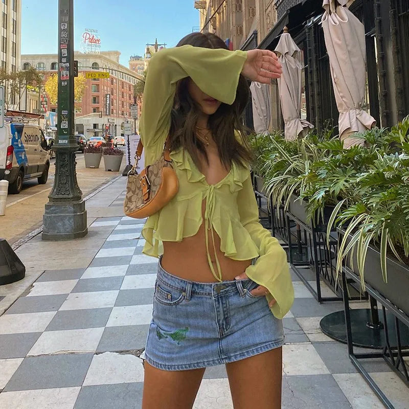Chiffon Sheer Crop Tank Top With V Neck And Flare Sleeves