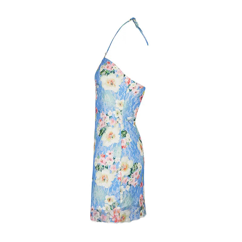 Summer Halter Neck Backless Lace Dress With Hollow Out Print
