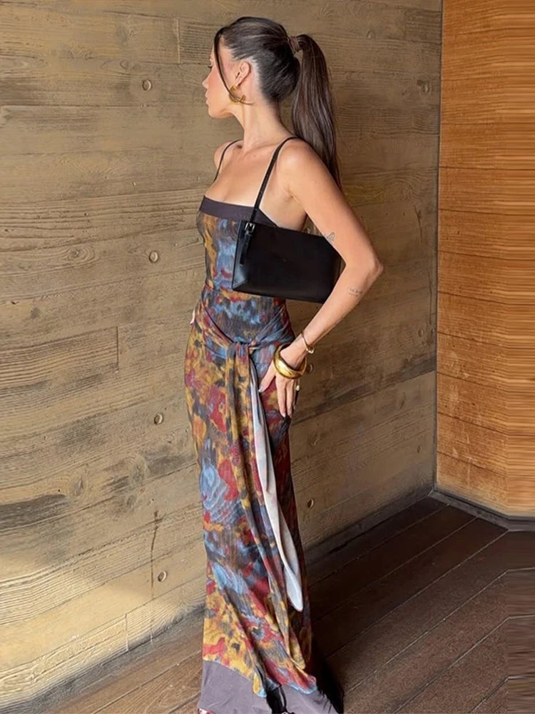 Dreamy Tie Dye Maxi Dress With Spaghetti Straps And Ruched Waist Sash Accent Breezy Vintage Style