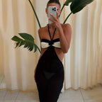 Black Lace Swim Set With Bandeau Halter And Long Skirt