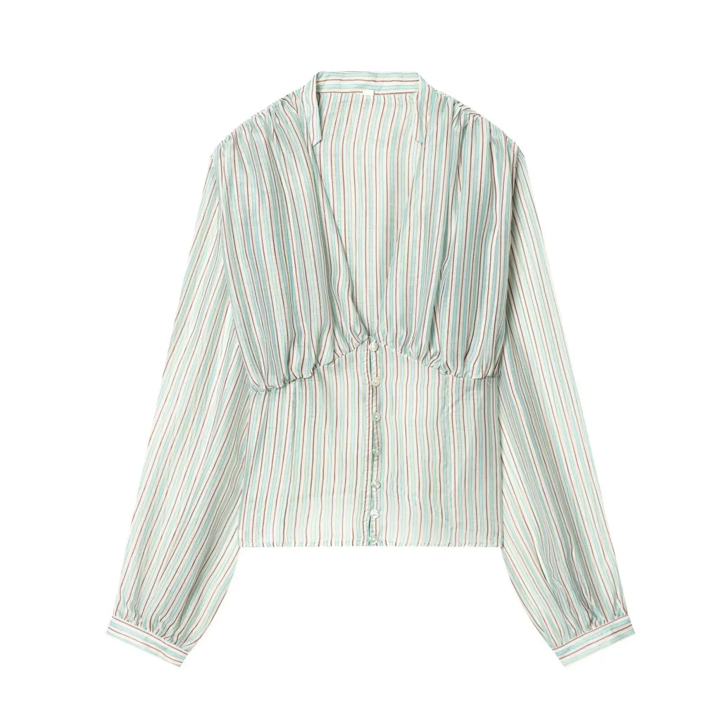 Striped Shirt With Flattering Fit Waist V Neck