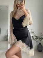Lace Patchwork Mini Dress With Vintage Contrast Slim Long Sleeves