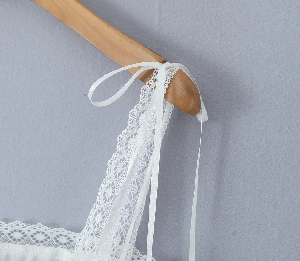 White Lace Trim Crop Top With Ribbon Bow Collar