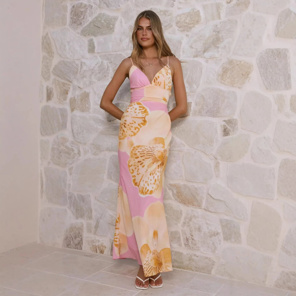 Sunlit Breeze Printed Strap Maxi Dress With V Neck Backless