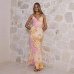 Sunlit Breeze Printed Strap Maxi Dress With V Neck Backless