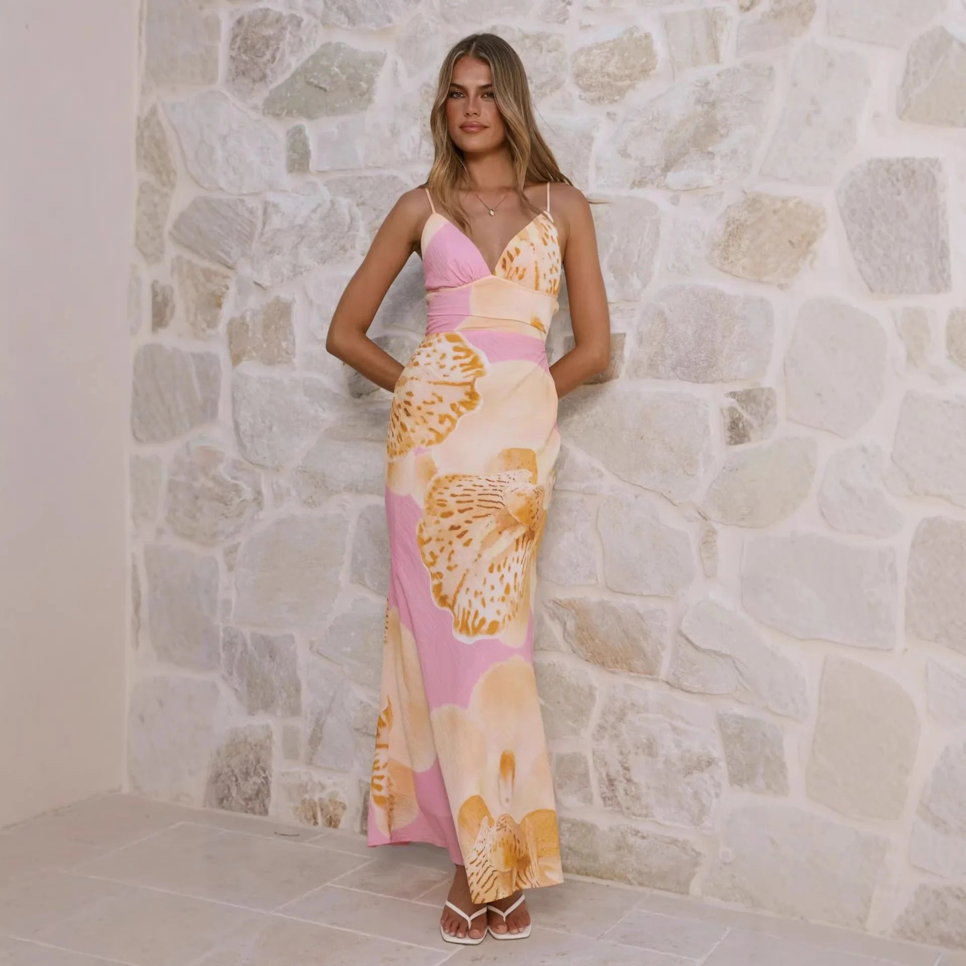 Sunlit Breeze Printed Strap Maxi Dress With V Neck Backless