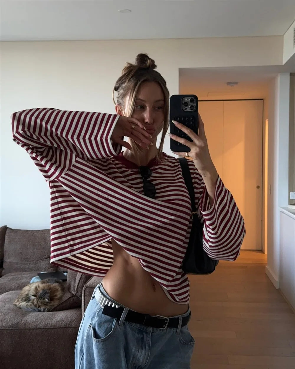 Stripe Patchwork Long Sleeve Tee for Casual Streetwear and Everyday