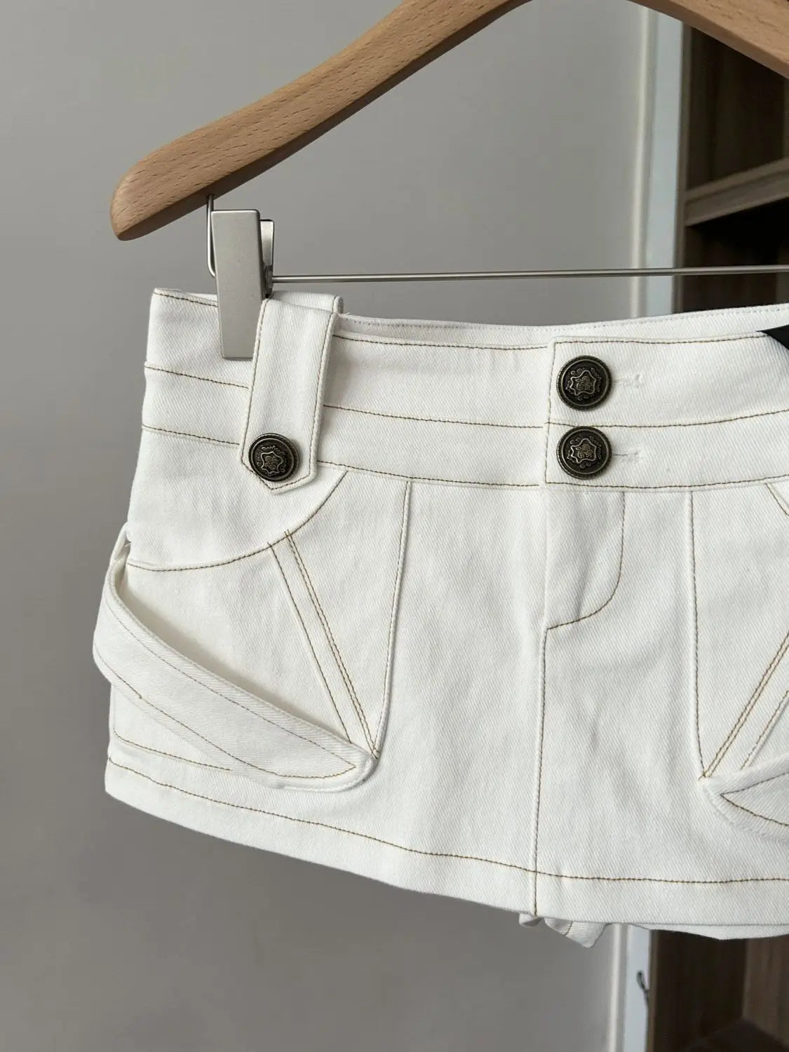 White Denim A Line Mini Skirt With Hip Wrap Cargo Pockets